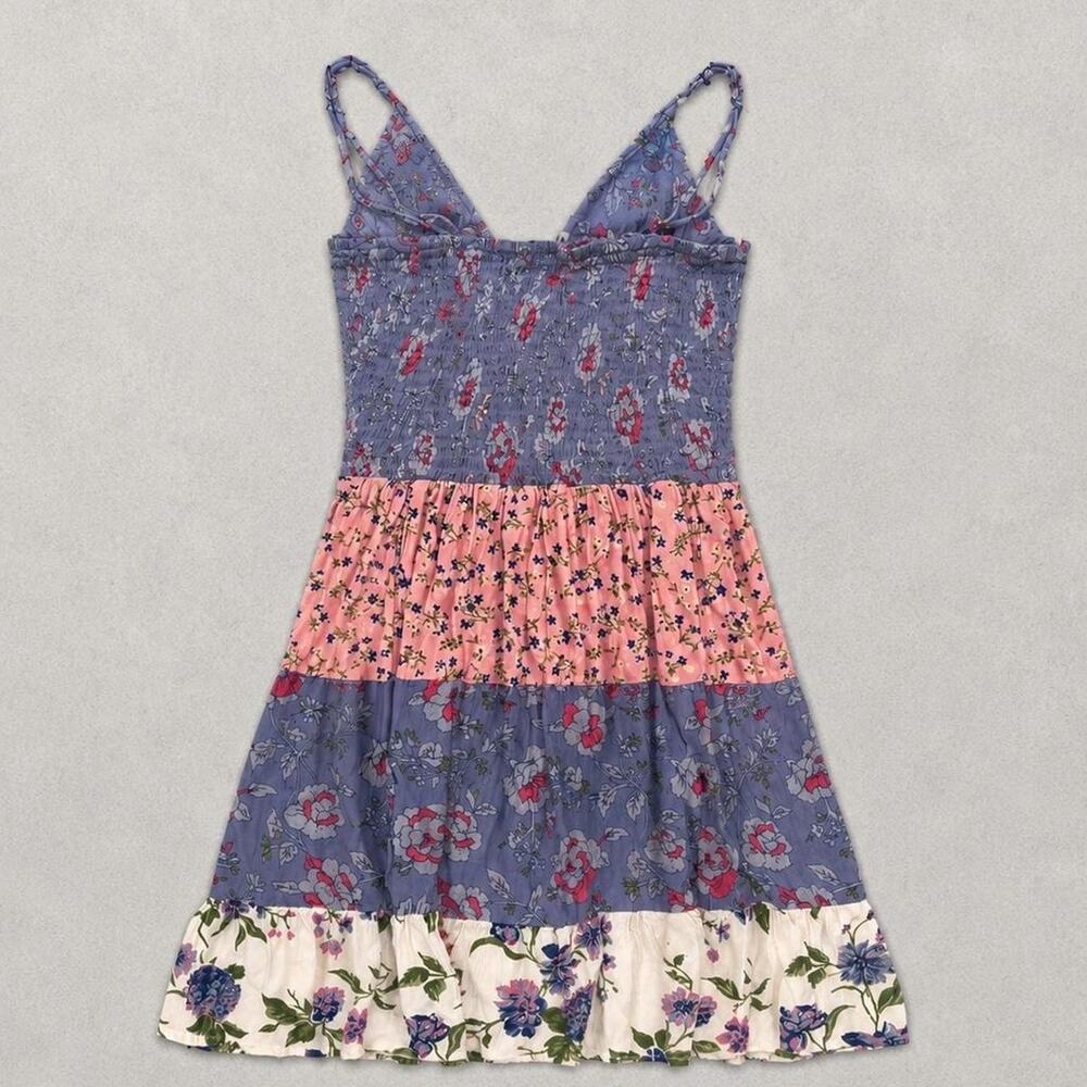 ANGIE Patchwork Floral Mini Dress Twist Front Smocked Boho Cottagecore S - Picture 3 of 5